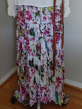 Tiered Ruffled Floral Maxi Skirt - White with Pink multi Floral Pattern (406)